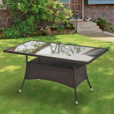 Gartentisch Glastisch Esstisch | Polyrattan & Sicherheitsglas | Braun+Schwarz