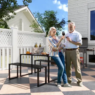 Outdoor Möbelset Festgarnitur 3-tlg. Sitzgruppe Gartengarnitur 1 x Tisch 2 x Sitzbank Metall Schwarz 110 x 55 x 70 cm