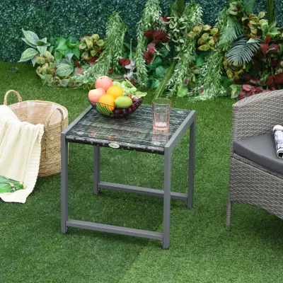 Rattan-Gartentisch Beistelltisch | Hartglas & Polyrattan | Grau
