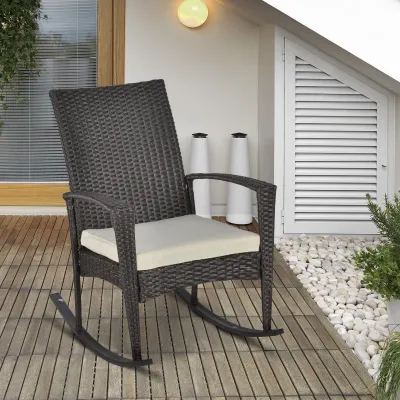 Rattan-Schaukelstuhl Schwingsessel Gartenstuhl mit Kissen , Polyrattan+Metall, Schwarz+Creme, 66 x 88 x 98 cm