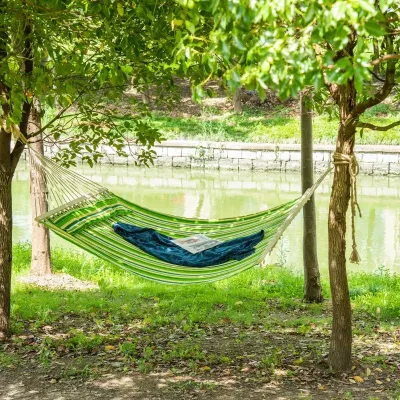 Hängematte 2 Personen Kissen Outdoor Reisen Camping Baumwolle Belastbar 180kg | Grün Gestreift