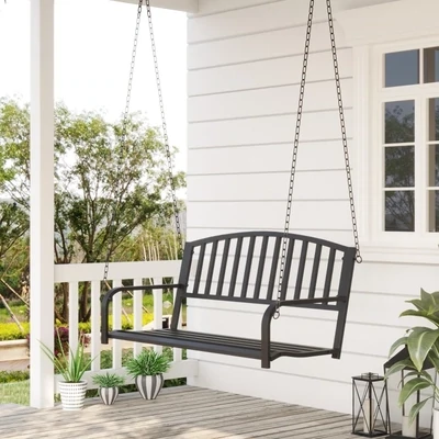 Hängebank 2-Sitzer Gartenschaukel Hollywoodschaukel mit Ketten Metall Schwarz 127 x 60 x 53 cm