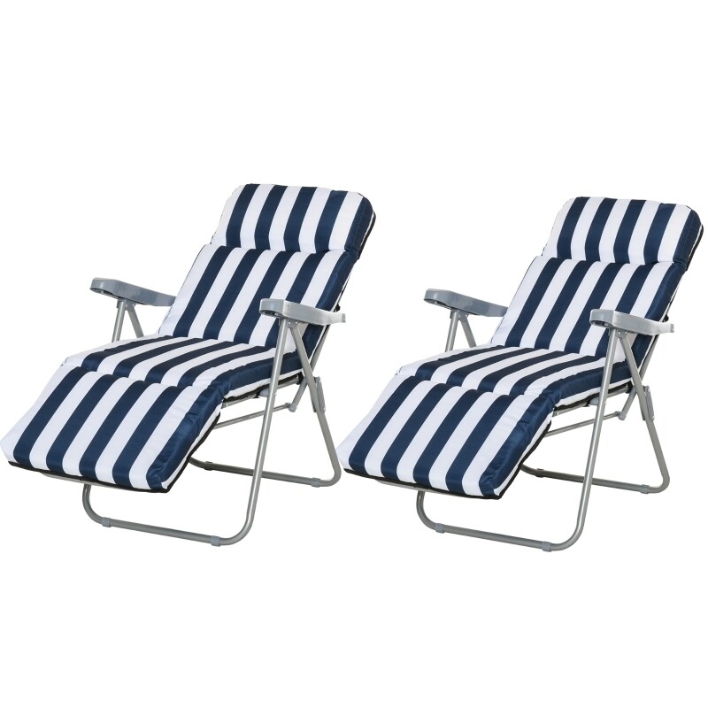 2 x Klappstühle Gartenstuhl Sonnenliege Armlehne klappbar 5 Positionen Auflage Blau 60 x 75 x 102 cm 2 x Klappstühle Gartenstuhl Sonnenliege Armlehne klappbar 5 Positionen Auflage Blau 60 x 75 x 102 cm