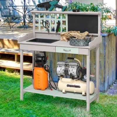 Pflanztisch Gärtnertisch Gartentisch Blumentisch mit Schublade und Wanne für den Garten Tannenholz Mintgrün + Grau 92 x 42,5 x 119,5 cm