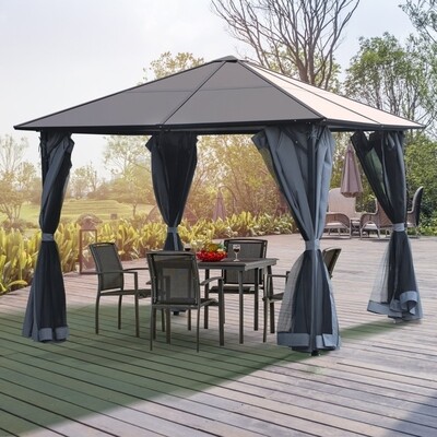 Pavillon de Luxe mit transparentem Polycarbonat-Dach 3 x 3m Gartenpavillon Partyzelt mit Seitenteilen Alu Dunkelgrau