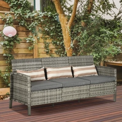 Rattan Sofa mit Kissen, Dreisitzer, Garten Loungesofa, Stahl | Grau, 173 x 68 x 78 cm