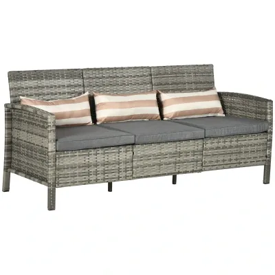 Rattan Sofa mit Kissen, Dreisitzer, Garten Loungesofa, Stahl | Grau, 173 x 68 x 78 cm