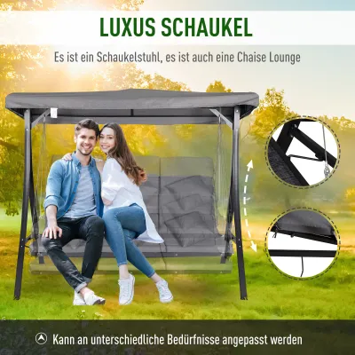Hollywoodschaukel 3-Sitzer, Schaukelbank mit verstellbarem Sonnendach, Grau