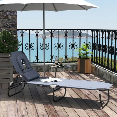 Sonnenliege klappbar, Gartenliege, Kopfkissen, 4-fach verstellbar, Lesefenster, 120 kg, Grau
