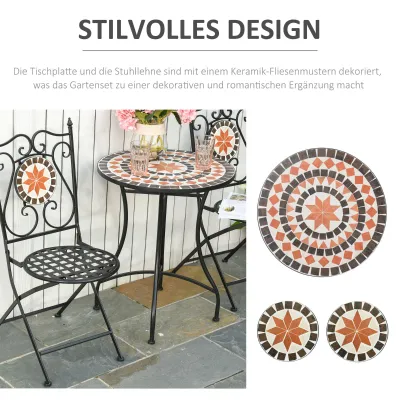 Gartenset Balkonmöbel Set für 2 Personen Mosaiktisch 2 faltbare Stühle Metall Mehrfarbig
