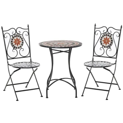 Gartenset Balkonmöbel Set für 2 Personen Mosaiktisch 2 faltbare Stühle Metall Mehrfarbig