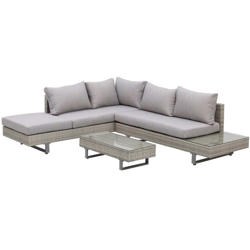 Polyrattan-Lounge-Set für 4 Personen Couchtisch Beistelltisch Wetterbeständig | Grau + Braun