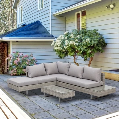Polyrattan-Lounge-Set für 4 Personen Couchtisch Beistelltisch Wetterbeständig | Grau + Braun