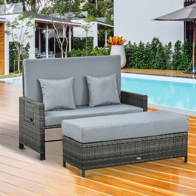 Rattan-Gartensofa mit Liegefunktion, ausfahrbare Fussbank mit Stauraum, Sitzkissen | grau, 130 x 72 x 96 cm