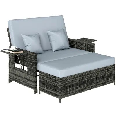 Rattan-Gartensofa mit Liegefunktion, ausfahrbare Fussbank mit Stauraum, Sitzkissen | grau, 130 x 72 x 96 cm