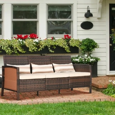 Rattan Sofa mit Kissen, Dreisitzer, Garten Loungesofa, Braun, 173 x 68 x 78 cm