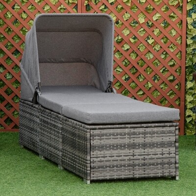 Sonnenliege aus Polyrattan mit Sonnendach und Kissen Grau 195 x 65 x 40 cm