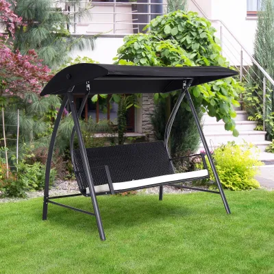 Hollywoodschaukel 3-Sitzer, Polyrattan, verstellbares Sonnendach, 198x124x179cm, Schwarz