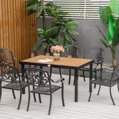 Gartentisch Esstisch 6 Personen | Aluminium & Holzoptik | Natur+Schwarz