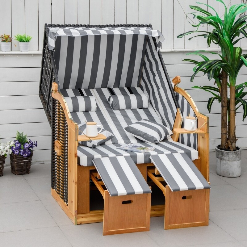 Strandkorb mit Dach Rattanoptik Klapptisch Grau