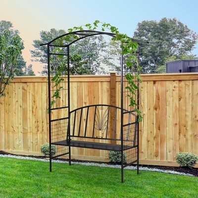 Rosenbogen mit Sitzbank Torbogen Rankgitter Rankhilfe Garten Bogendach Metall Schwarz 152 x 58 x 207 cm