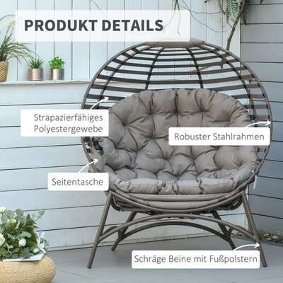 Luxus-Gartenstuhl Papasansessel mit Kissen oval Loungesessel Korb faltbar Balkon Terrasse Outdoor/Indoor Sandbraun Stahl 118 x 75 x 139 cm