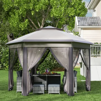 Gartenpavillon Faltpavillon 4 x 4 m Pop-Up-Zelt Partyzelt inkl. Doppeldach sechseckig Braun+Beige