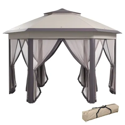Gartenpavillon Faltpavillon 4 x 4 m Pop-Up-Zelt Partyzelt inkl. Doppeldach sechseckig Braun+Beige