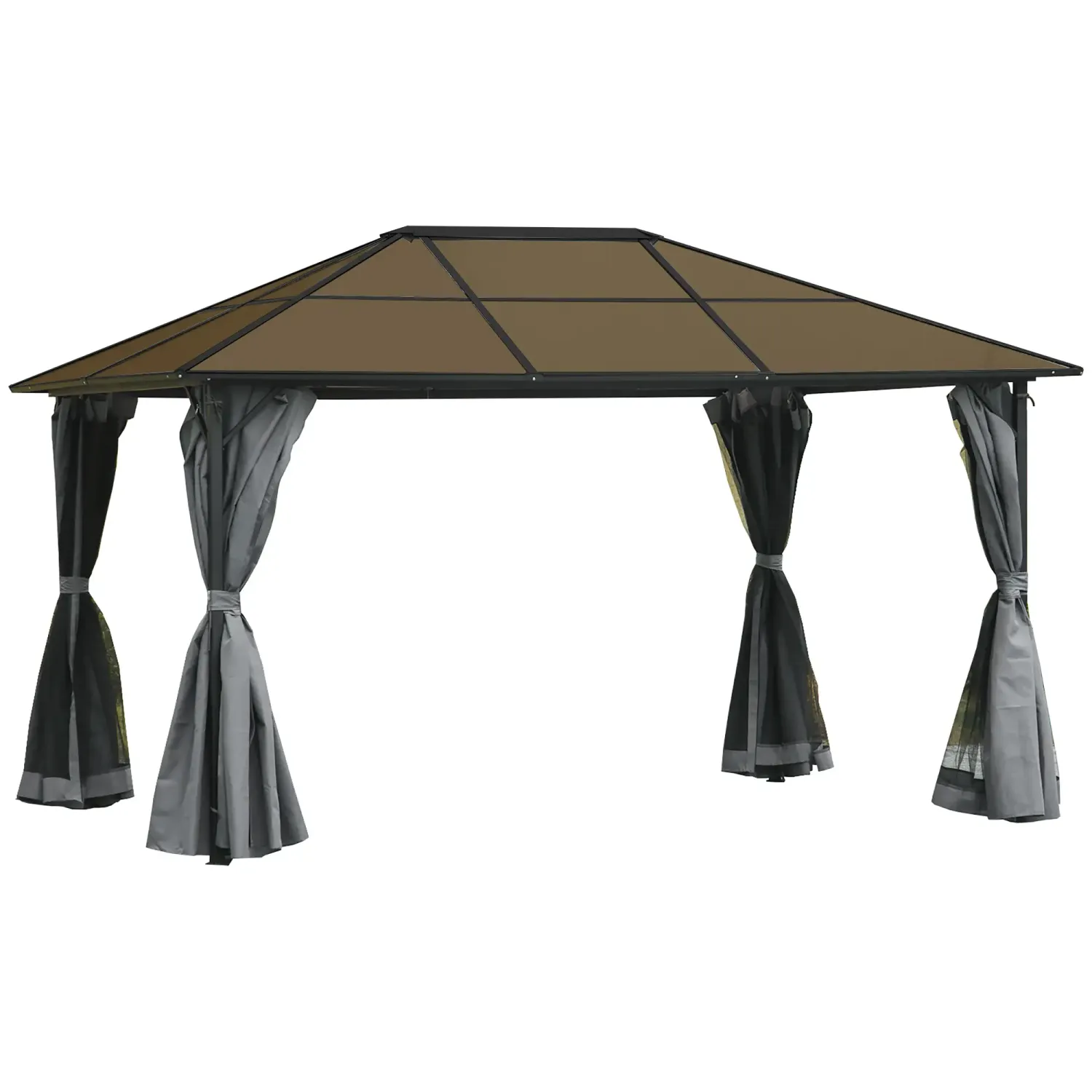 Luxus-Pavillon 3 x 4 x 2,6 m mit Polycarbonat-Dach, Vorhänge mit Fliegennetz, Alugestell, dunkelgrau,