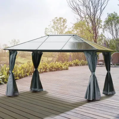 Luxus-Pavillon 3 x 4 x 2,6 m mit Polycarbonat-Dach, Vorhänge mit Fliegennetz, Alugestell, dunkelgrau,