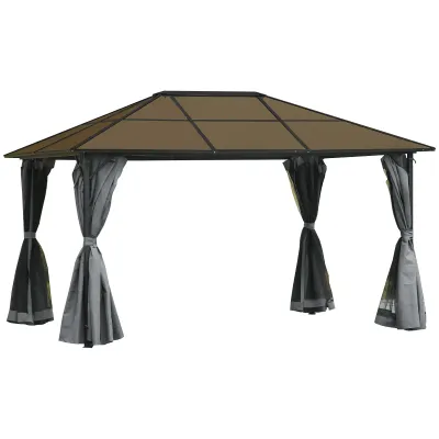 Luxus-Pavillon 3 x 4 x 2,6 m mit Polycarbonat-Dach, Vorhänge mit Fliegennetz, Alugestell, dunkelgrau,
