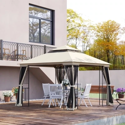 Gartenpavillon 3 x 3 x 2,7 m mit Doppeldach Pavillon Gartenzelt Festzelt Partyzelt mit 4 x Seitenwand Metall+Polyester Beige