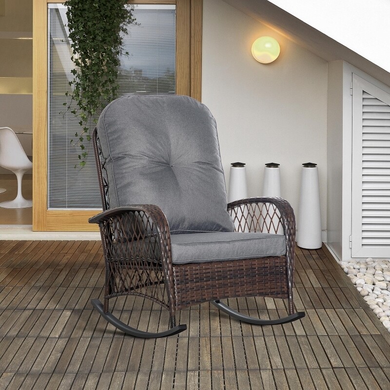Schaukelstuhl Polster mit Knopfheftung PE-Rattan Stahl Braun + Grau