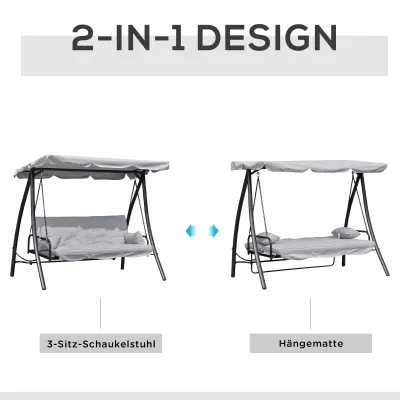 Hollywoodschaukel mit Liege-Funktion, 3 Sitzer, Metall+Polyester, Grau, 209 x 114 x 170 cm