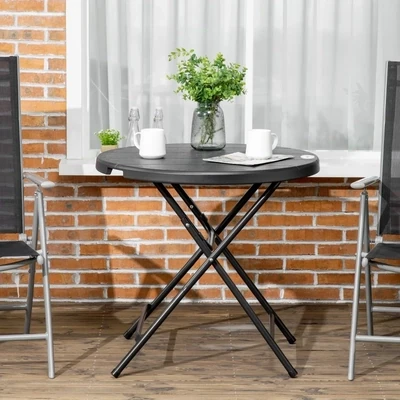 Gartentisch, rund, klappbar, für 4 Personen, Holzoptik, Stahl+Kunststoff, dunkelgrau