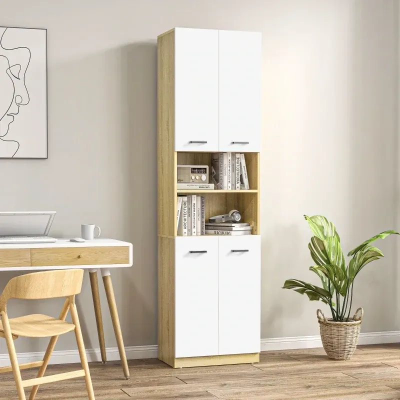 Badezimmerschrank, Küchenschrank, mit 2 Schränken und 2 Regalen, Weiss + Natur Badezimmerschrank, Küchenschrank, mit 2 Schränken und 2 Regalen, Weiss + Natur