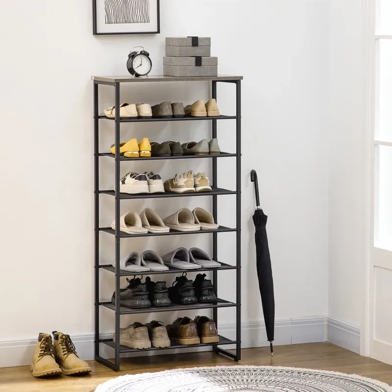 Schuhregal in Industriedesign, mit 7 Regalen, für bis zu 24 Paar Schuhe, Standregal, Grau + Schwarz