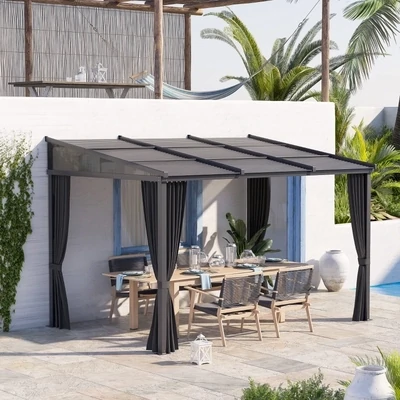 Luxus-Pergola, Gartenpavillon 3,65 x 2,55 x 2,05 m, mit Schiebedach, Vorhängen, Aluminiumrahmen, dunkelgrau