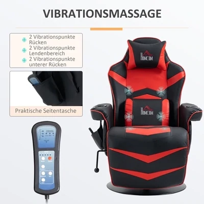 Gaming-Chair mit Massagefunktion – Fussstütze – Rot + Schwarz – Liegefunktion