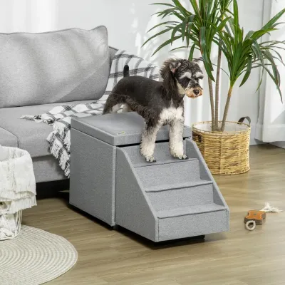Haustiertreppe Hundetreppe Katzentreppe mit Liegefläche, einziehbare Treppe, gepolstert, Hellgrau