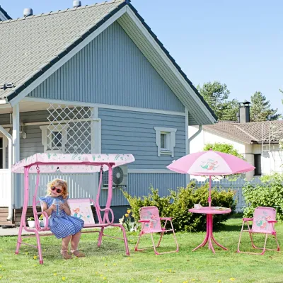 4-teiliges Gartenmöbel-Set für Kinder, mit Meerjungfrau-Motiv, 1 Hollywoodschaukel, 2 Stühle, 1 Sonnenschirm mit Tisch, Rosa 4-teiliges Gartenmöbel-Set für Kinder, mit Meerjungfrau-Motiv, 1 Hollywoodschaukel, 2 Stühle, 1 Sonnenschirm mit Tisch, Rosa