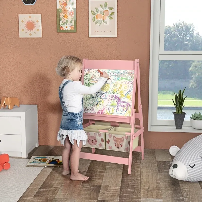 3-in-1 Kinder Staffelei mit Papierrolle, Kreidetafel, Whiteboard, rosa