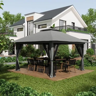 Faltpavillon, höhenverstellbar, 4 Netzwände, Gewichten, Lüftungsdach, Tragetasche, Schnellaufbau, dunkelgrau, 4 x 4 x 3 m