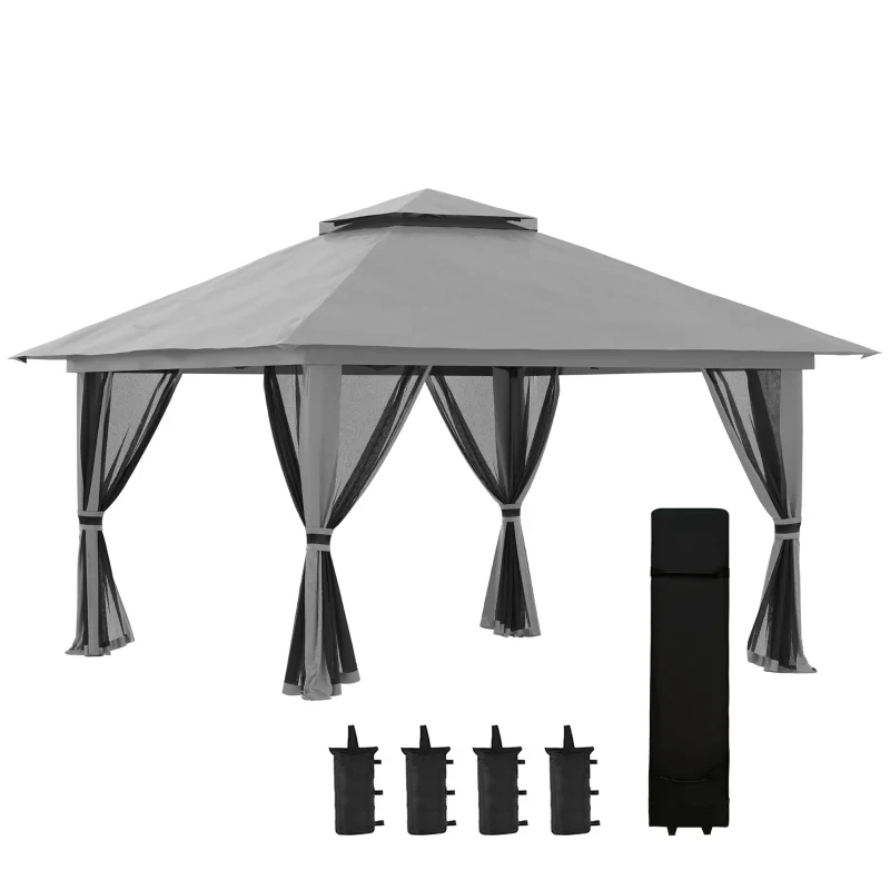 Faltpavillon, höhenverstellbar, 4 Netzwände, Gewichten, Lüftungsdach, Tragetasche, Schnellaufbau, dunkelgrau, 4 x 4 x 3 m