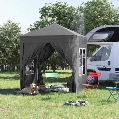 Faltpavillon, Bierzelt, 4 abnehmbare Seitenwände, 2 Fenster, Metallrahmen, 2 x 2m, Schwarz