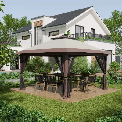 Faltpavillon, höhenverstellbar, 4 Netzwände, mit Gewichten, Lüftungsdach, Tragetasche, Schnellaufbau, 4 x 4 x 3 m, beige