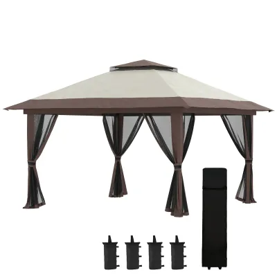 Faltpavillon, höhenverstellbar, 4 Netzwände, mit Gewichten, Lüftungsdach, Tragetasche, Schnellaufbau, 4 x 4 x 3 m, beige