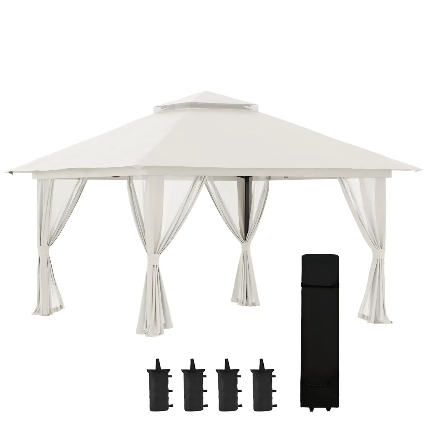 Faltpavillon, höhenverstellbar, 4 Netzwände, mit Gewichten, Lüftungsdach, Tragetasche, Schnellaufbau, 4 x 4 x 3 m, Cremeweiss