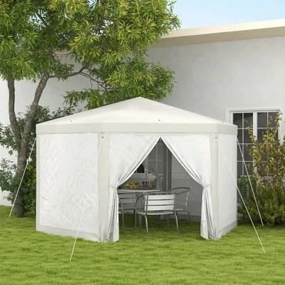 Gartenpavillon, 6-eckig, Netzvorhänge, Jurte, Metallgestell, 4x4x2,5m, Creme