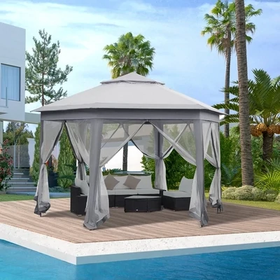 Faltpavillon 4 x 4m, Sechseck-Design, Netzvorhänge, wasserabweisend, Lüftungsdach | Grau+Weiss